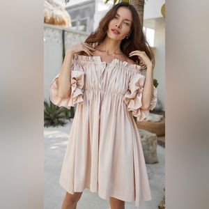 ELF Made By Hand Vacay Off Shoulder Cotton Mini Dress in ‘Cream’, Size M…